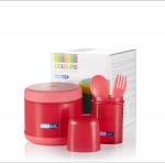 Набор для кормления Bebe Due: Термоконтейнер 300мл, пенал с ложкой и вилкой. — розовый-красный