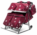 Санки-коляска для двойни Pikate TWIN Звезды — бордо